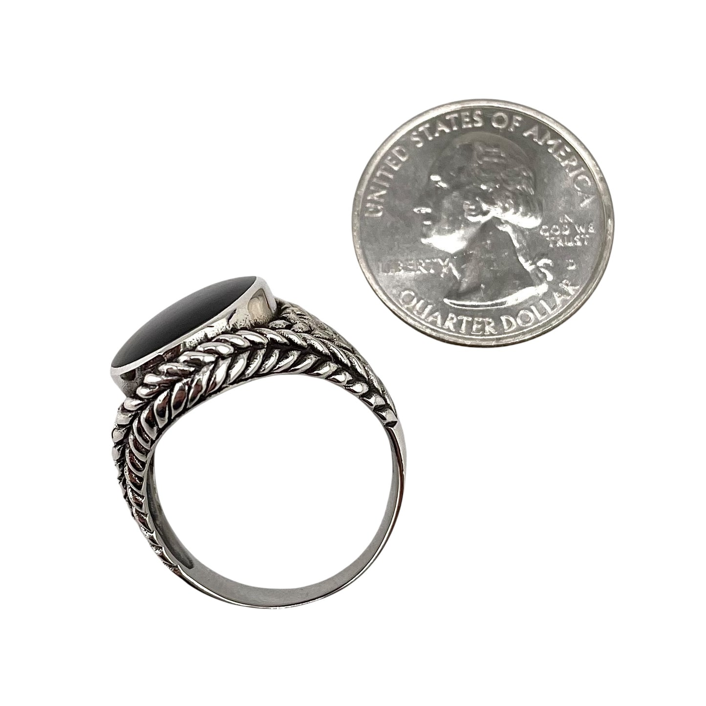 Black Onyx Stone Oval Braid Mens Ring Sterling Silver