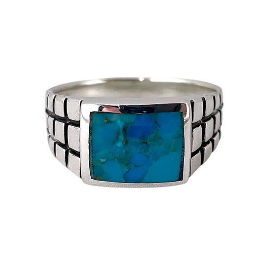 Turquoise Stone Square Mens Ring Sterling Silver