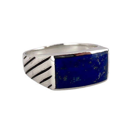 Lapis Stone Rectangle Mens Ring Sterling Silver