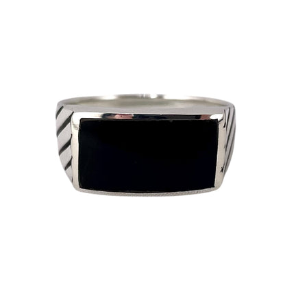 Black Onyx Stone Rectangle Mens Ring Sterling Silver