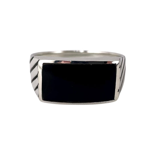 Black Onyx Stone Rectangle Mens Ring Sterling Silver