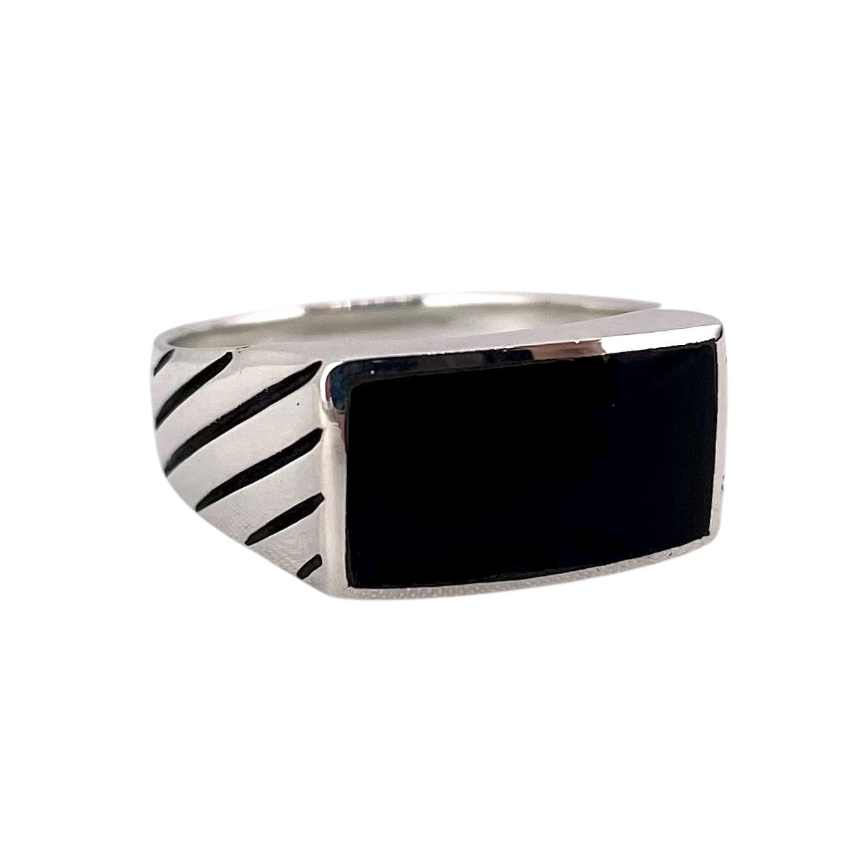 Black Onyx Stone Rectangle Mens Ring Sterling Silver