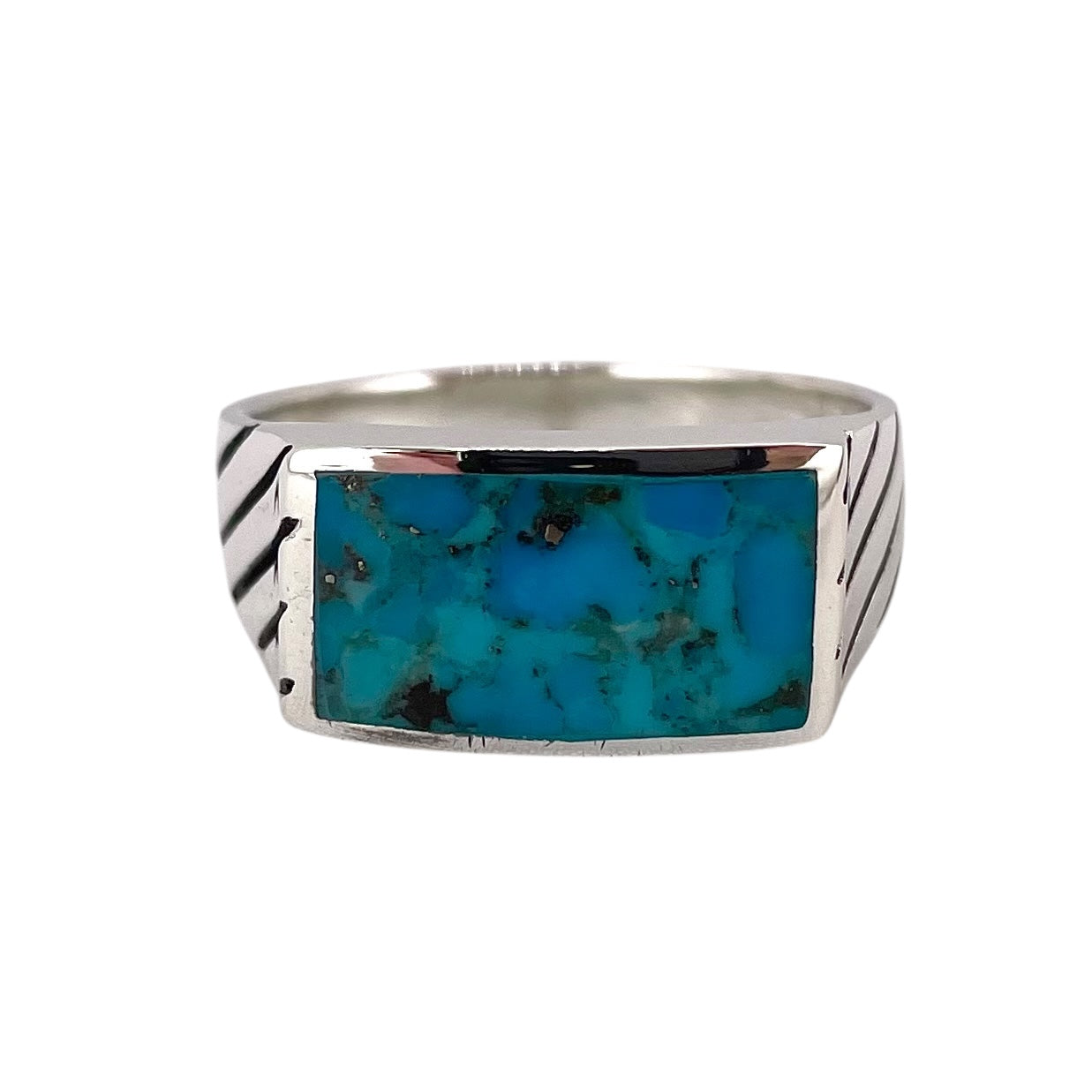 Turquoise Stone Rectangle Mens Ring Sterling Silver