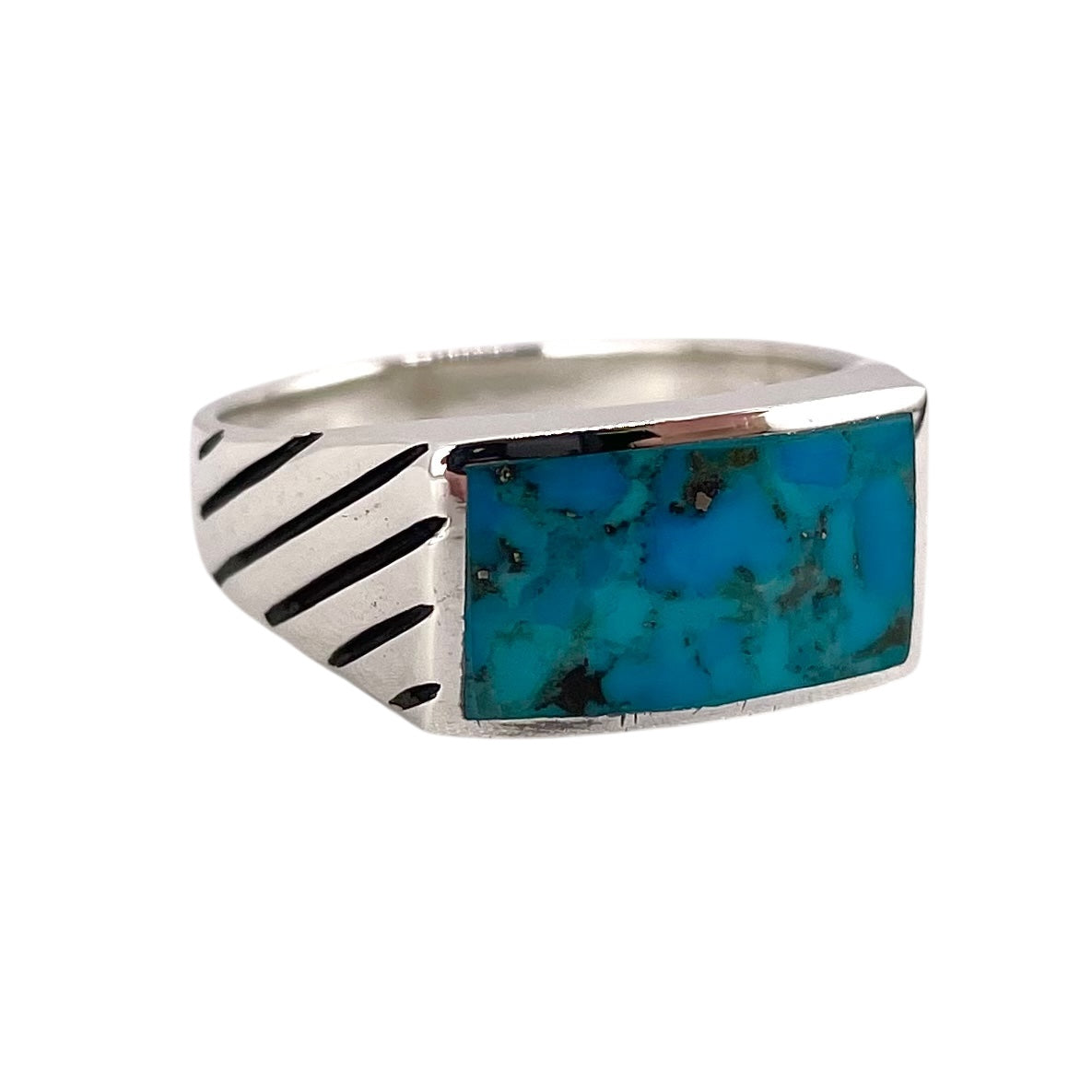 Turquoise Stone Rectangle Mens Ring Sterling Silver