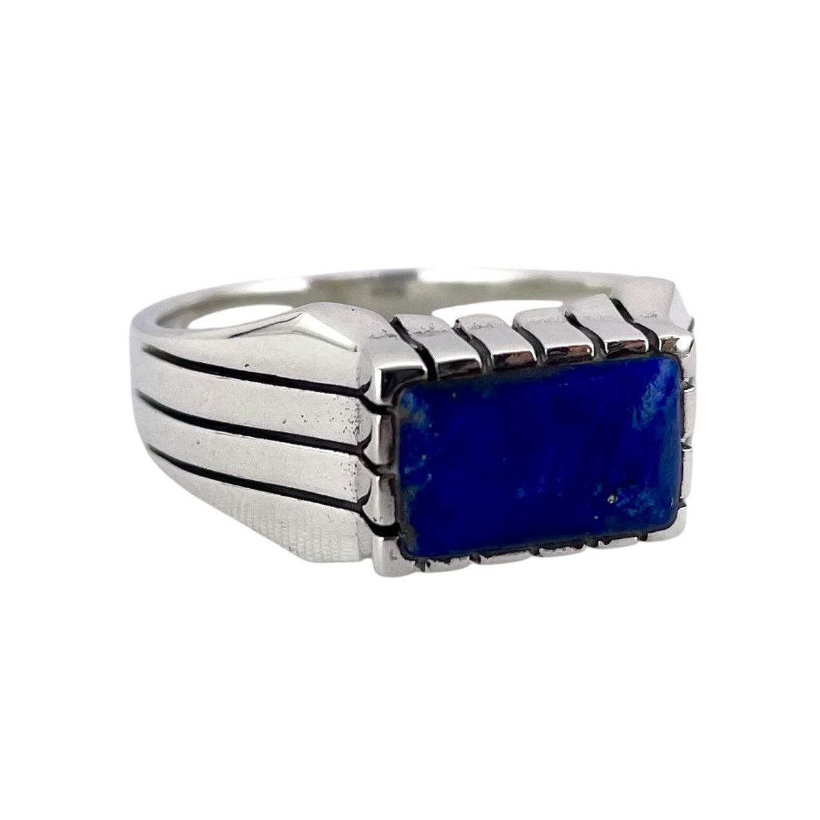 Lapis Stone Rectangle Mens Ring Sterling Silver