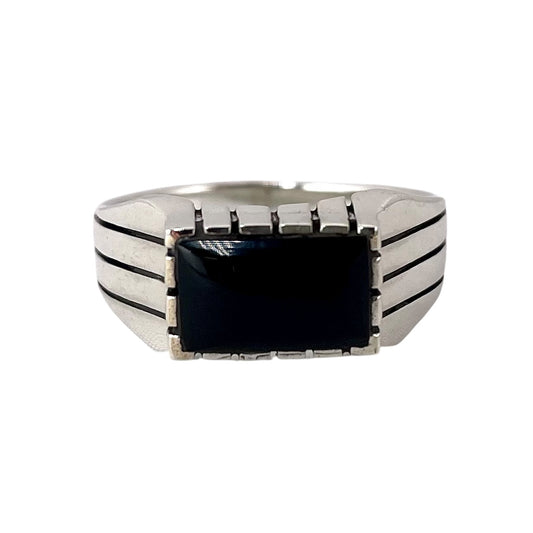Black Onyx Stone Rectangle Mens Ring Sterling Silver