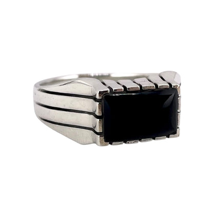 Black Onyx Stone Rectangle Mens Ring Sterling Silver