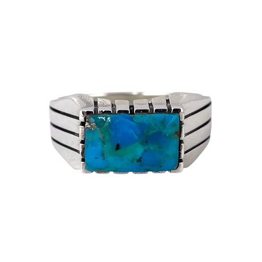 Turquoise Stone Rectangle Mens Ring Sterling Silver