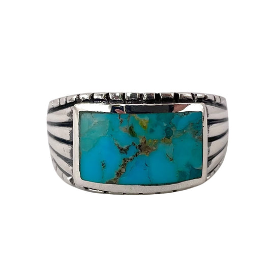 Turquoise Stone Rectangle Mens Ring Sterling Silver