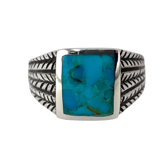 Turquoise Stone Rectangle Mens Ring Sterling Silver