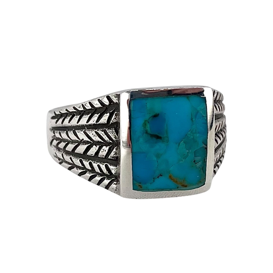 Turquoise Stone Rectangle Mens Ring Sterling Silver