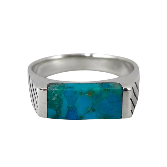 Turquoise Stone Rectangle Bar Mens Ring Sterling Silver