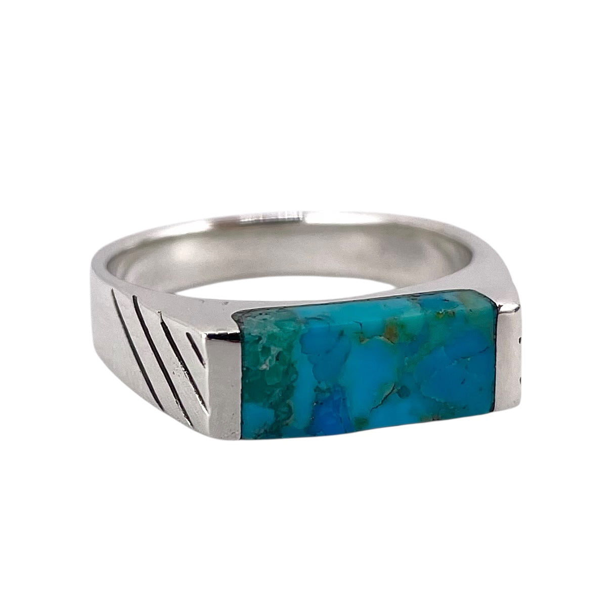 Turquoise Stone Rectangle Bar Mens Ring Sterling Silver