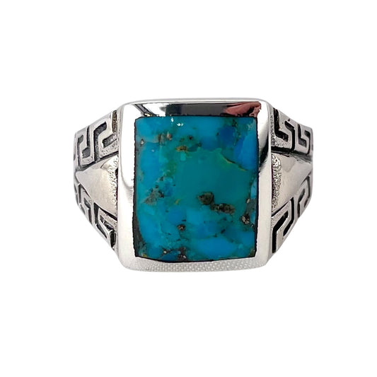 Turquoise Rectangle Stone Greek Key Ring Sterling Silver