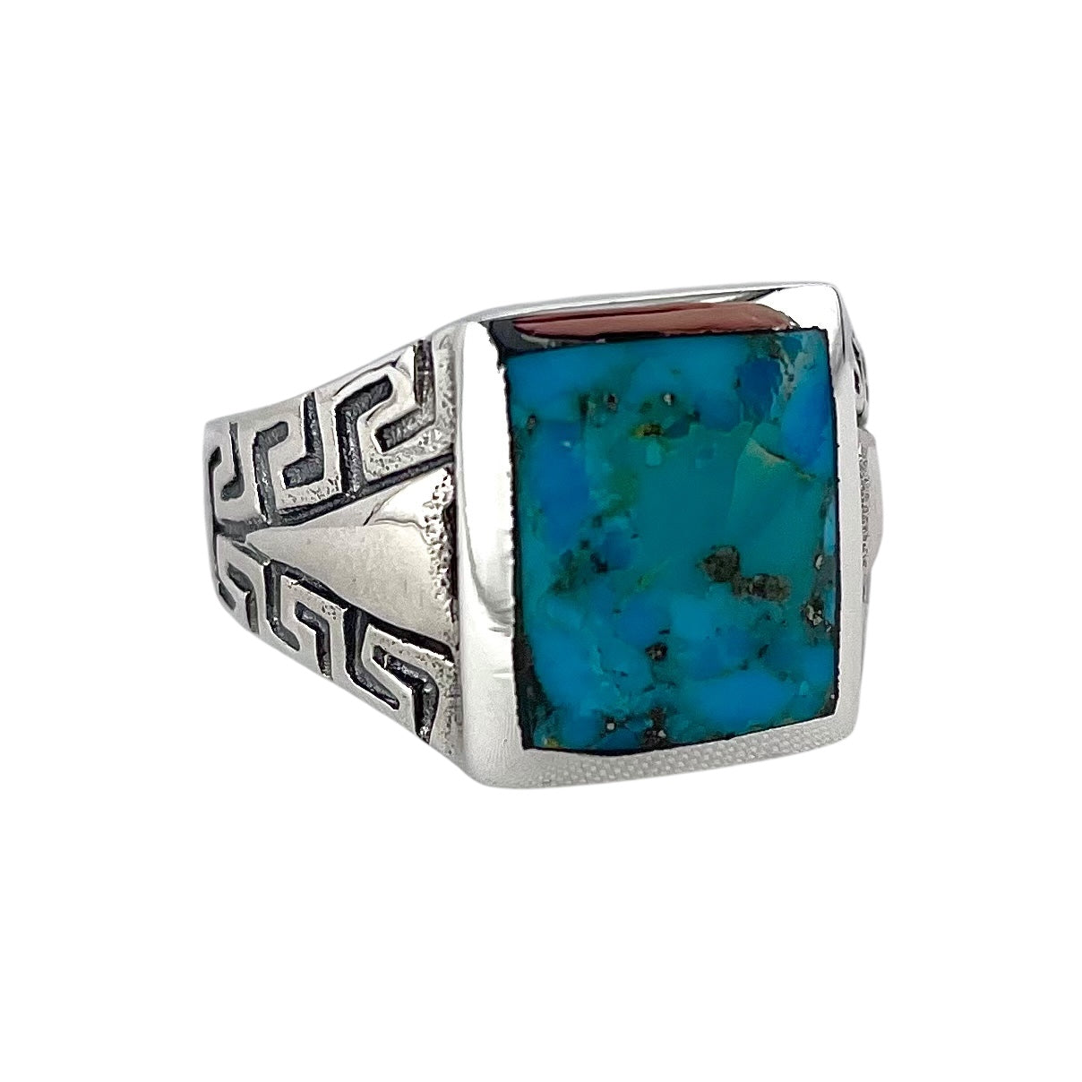 Turquoise Rectangle Stone Greek Key Ring Sterling Silver