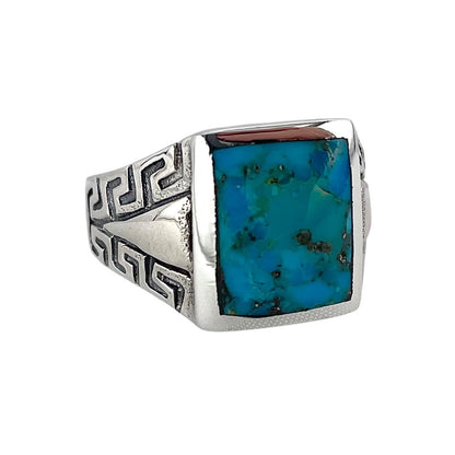 Turquoise Rectangle Stone Greek Key Ring Sterling Silver