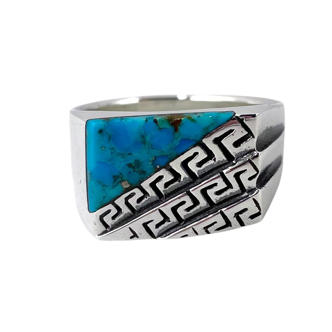 Turquoise Corner Stone Greek Key Ring Sterling Silver