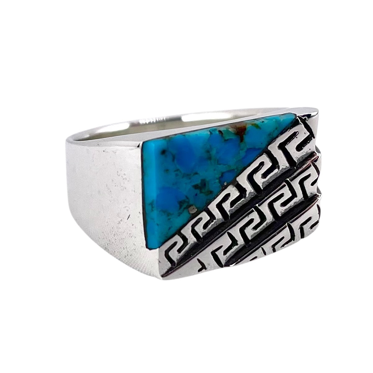 Turquoise Corner Stone Greek Key Ring Sterling Silver