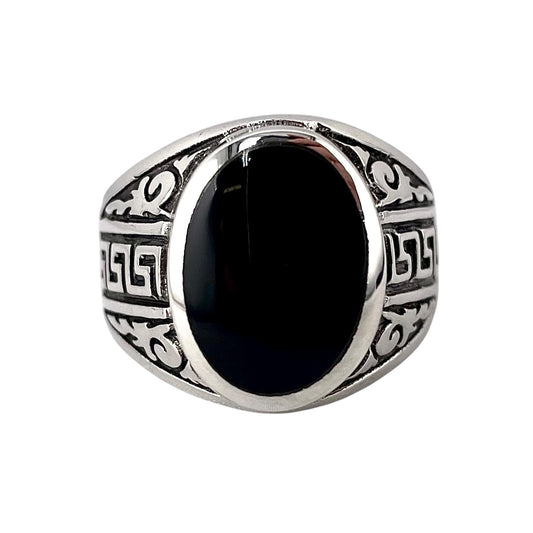 Black Onyx Oval Stone Greek Key Ring Sterling Silver