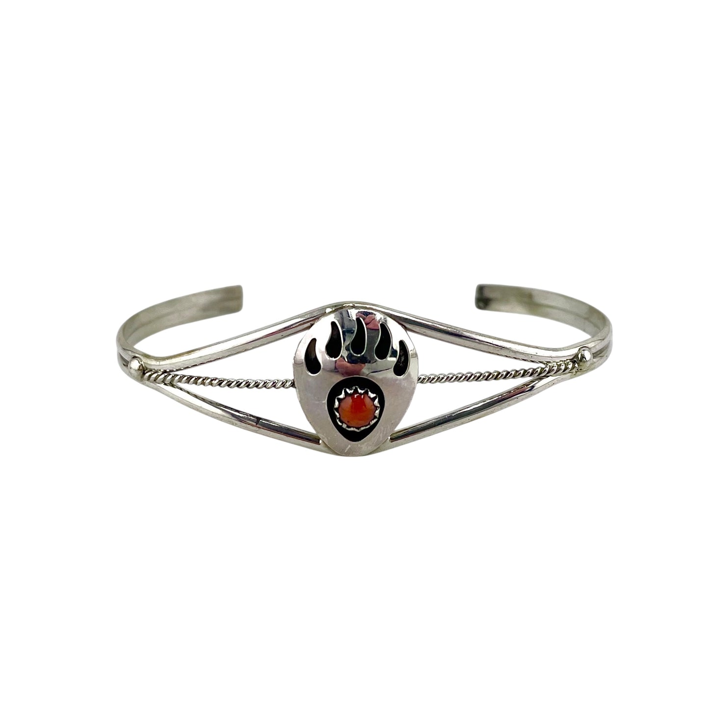 Coral Single Bear Paw Navajo Bracelet Sterling Silver