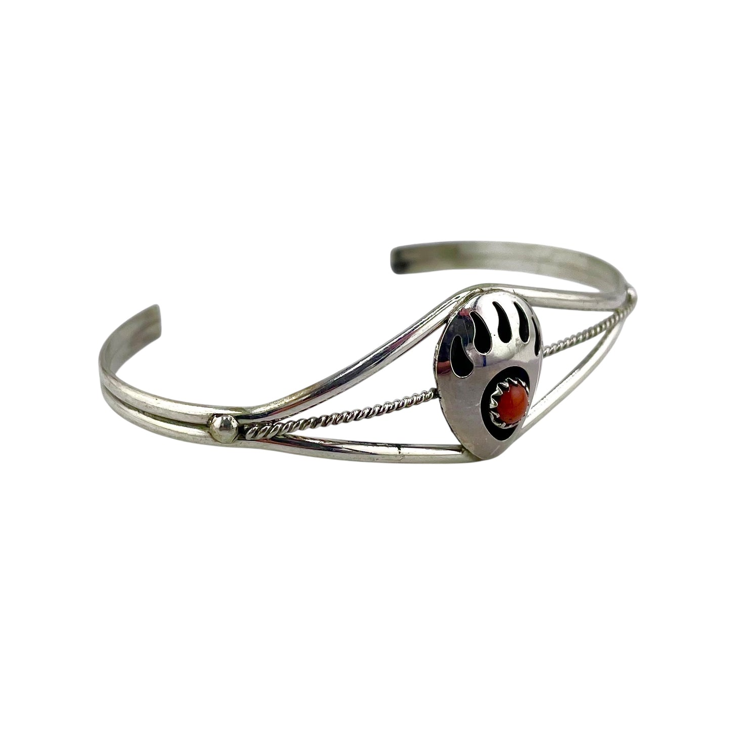 Coral Single Bear Paw Navajo Bracelet Sterling Silver