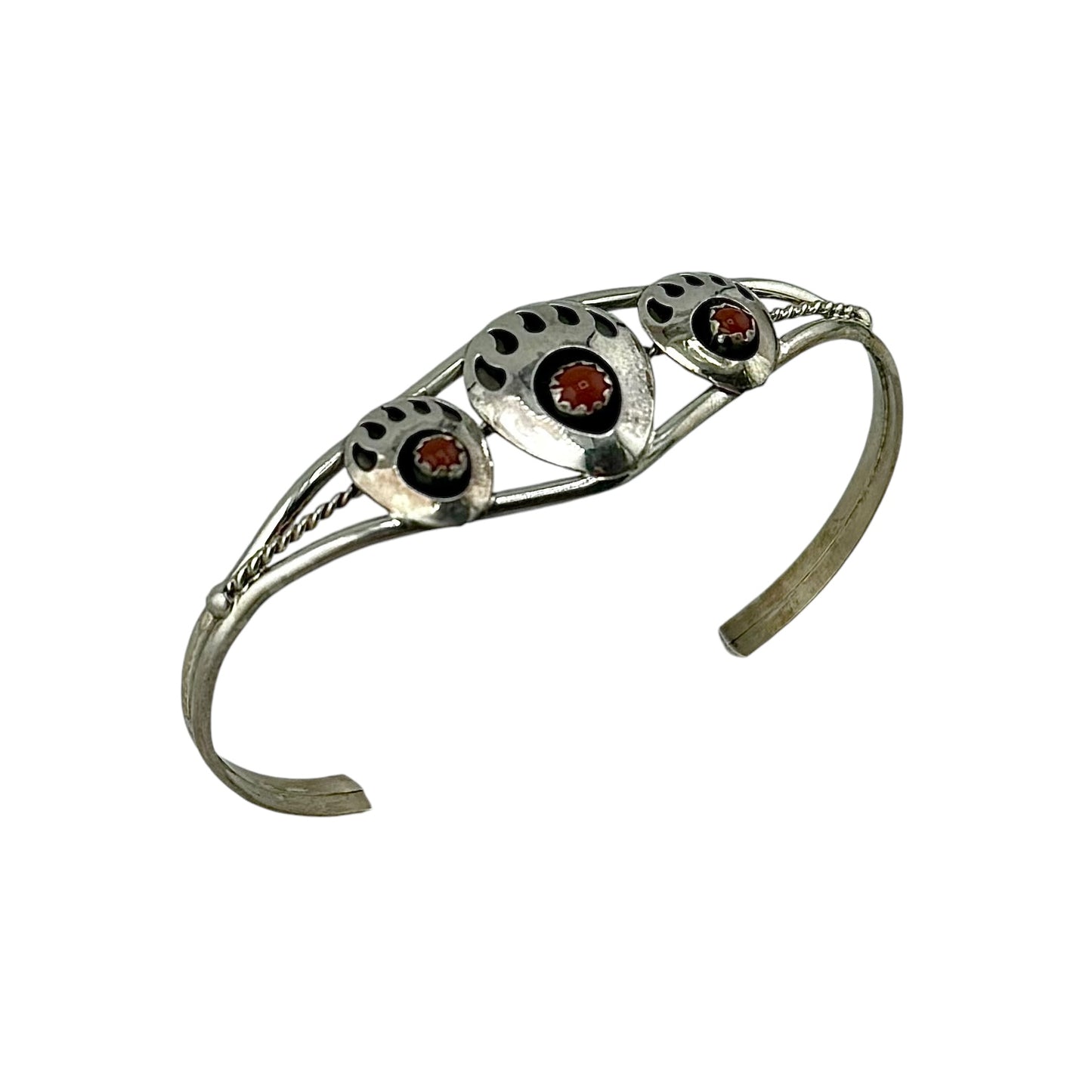 Coral Bear Paw Navajo Cuff Bracelet Sterling Silver