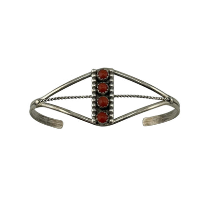 Janice White Coral 4-Stone Row Navajo Cuff Bracelet Sterling Silver