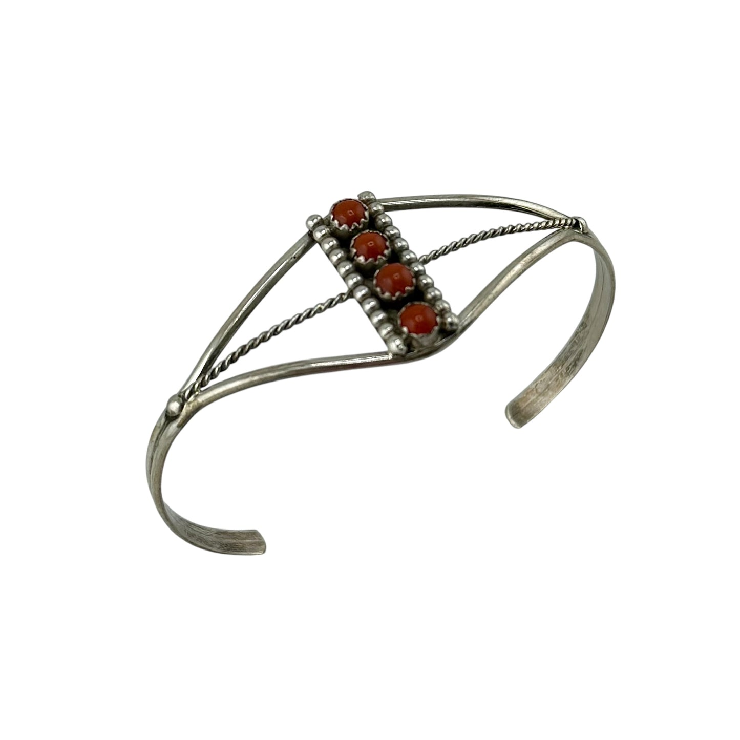 Coral 4-Stone Row Navajo Cuff Bracelet Sterling Silver