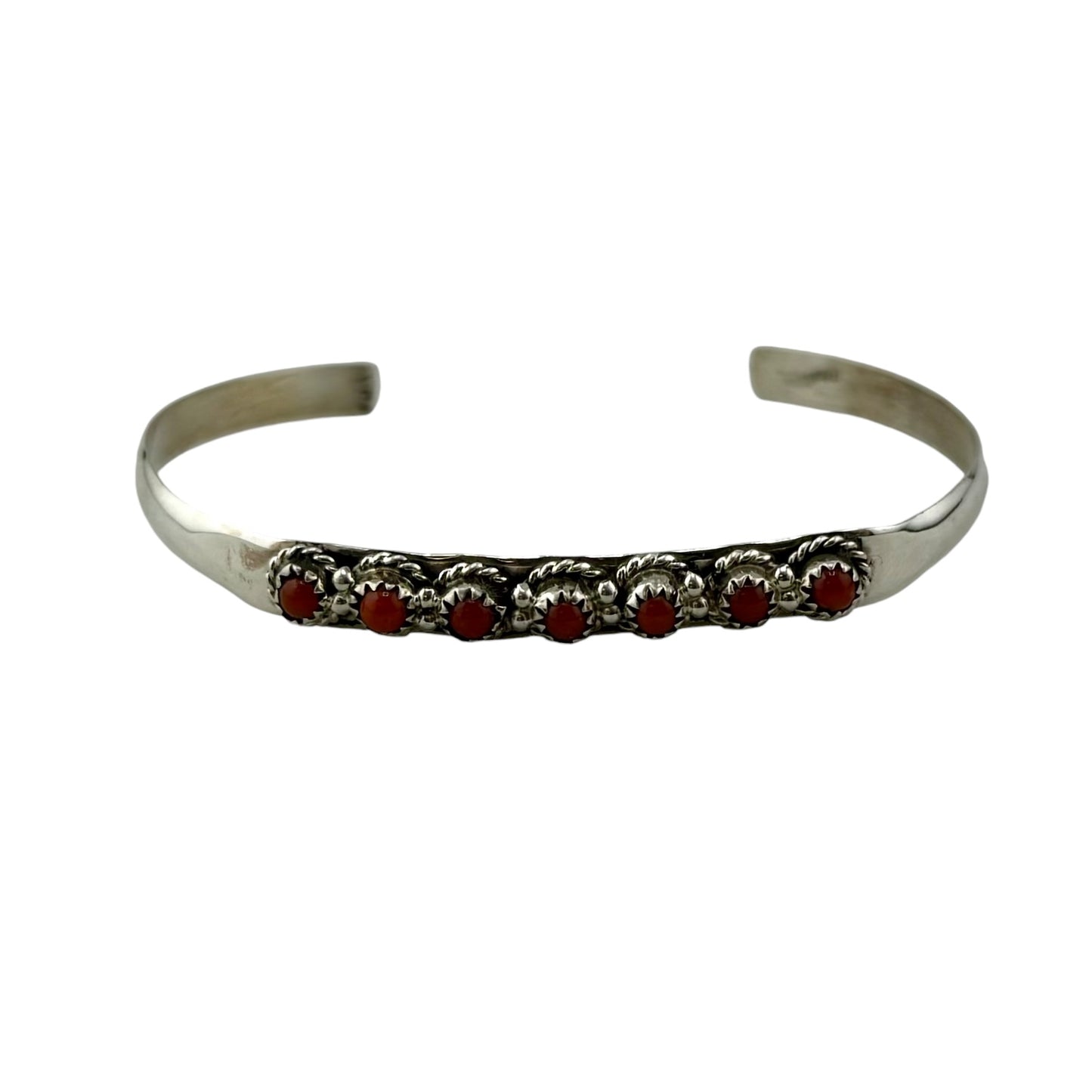 Coral 7-Stone Row Navajo Cuff Bracelet Sterling Silver