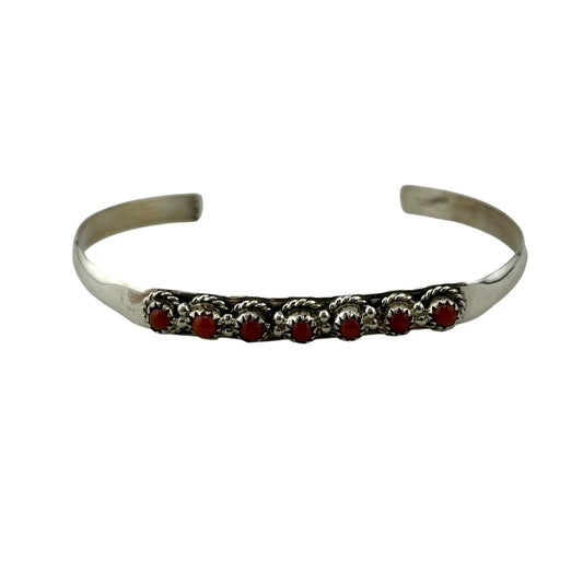 Coral 7-Stone Row Navajo Cuff Bracelet Sterling Silver