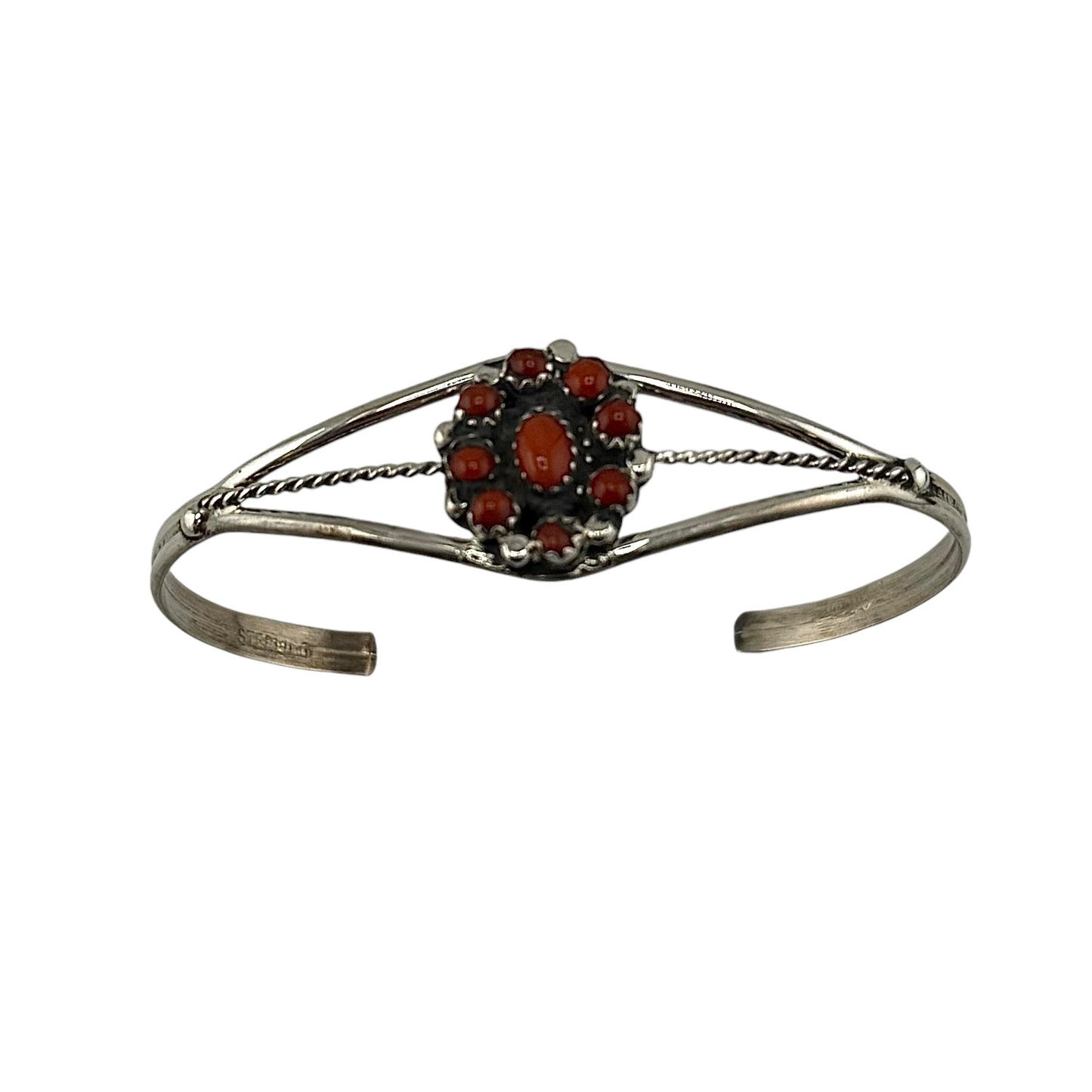 Coral Cluster Navajo Cuff Bracelet Sterling Silver