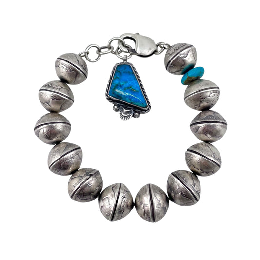James McCabe Sterling Silver Turquoise & Mercury Dime Coin Bead Bracelet Navajo