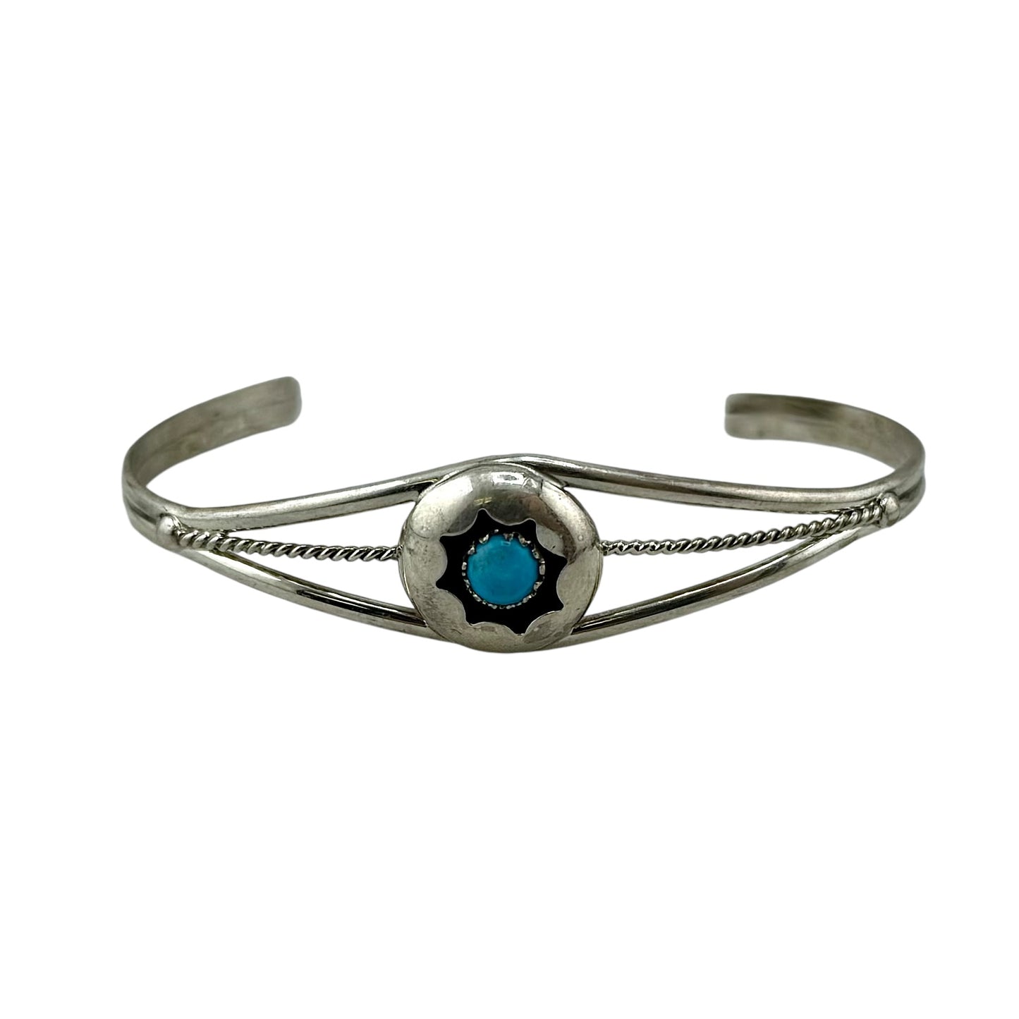Turquoise Round Shadow Box Navajo Bracelet Sterling Silver