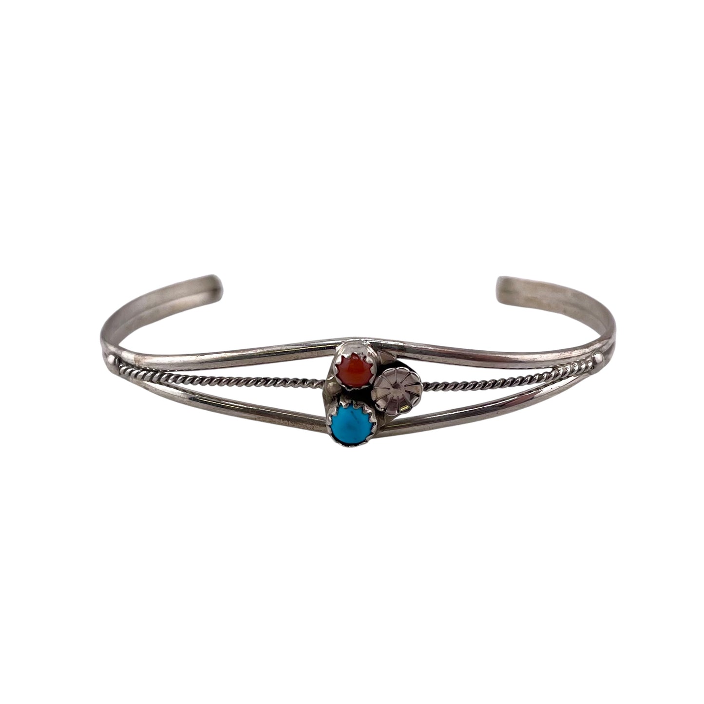 Turquoise & Coral Flower Navajo Cuff Bracelet Sterling Silver