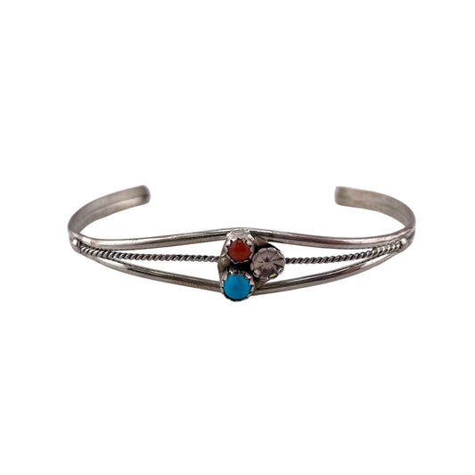 Turquoise & Coral Flower Navajo Cuff Bracelet Sterling Silver