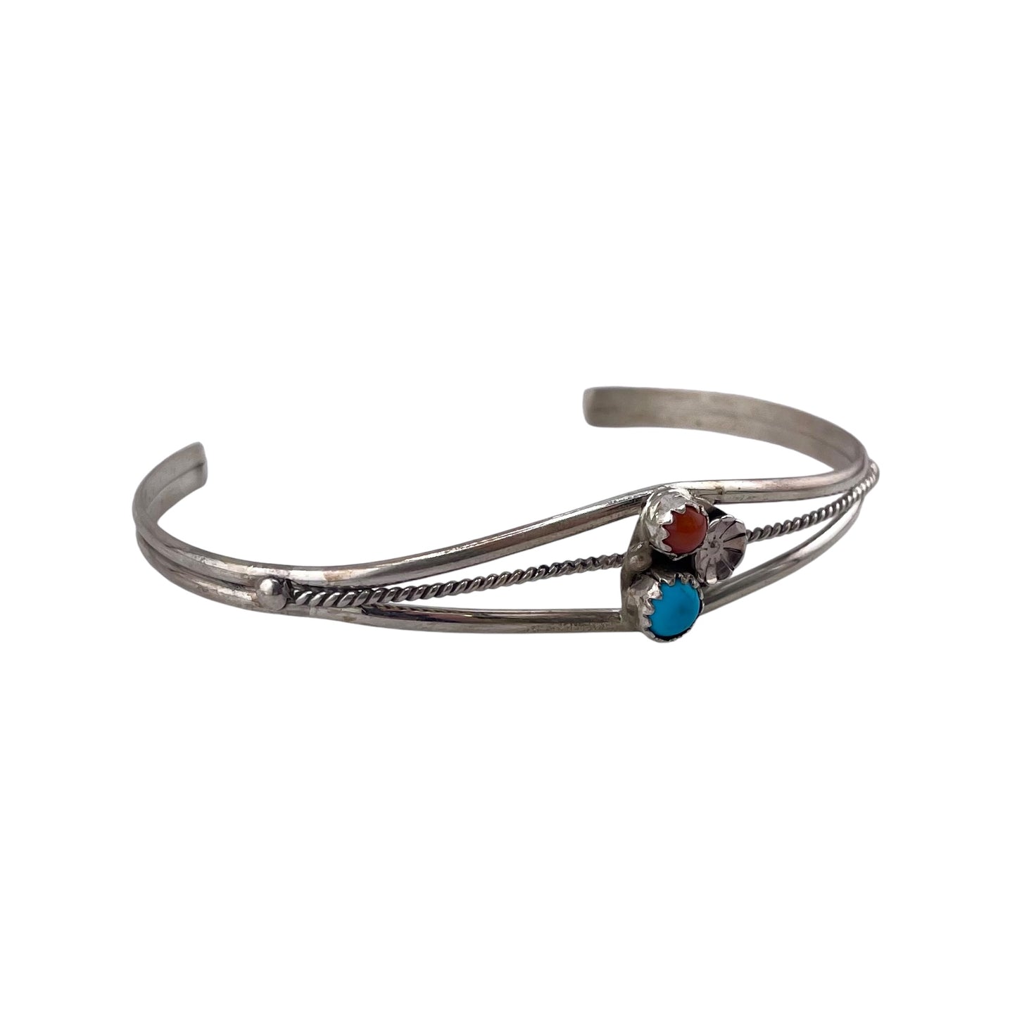 Turquoise & Coral Flower Navajo Cuff Bracelet Sterling Silver