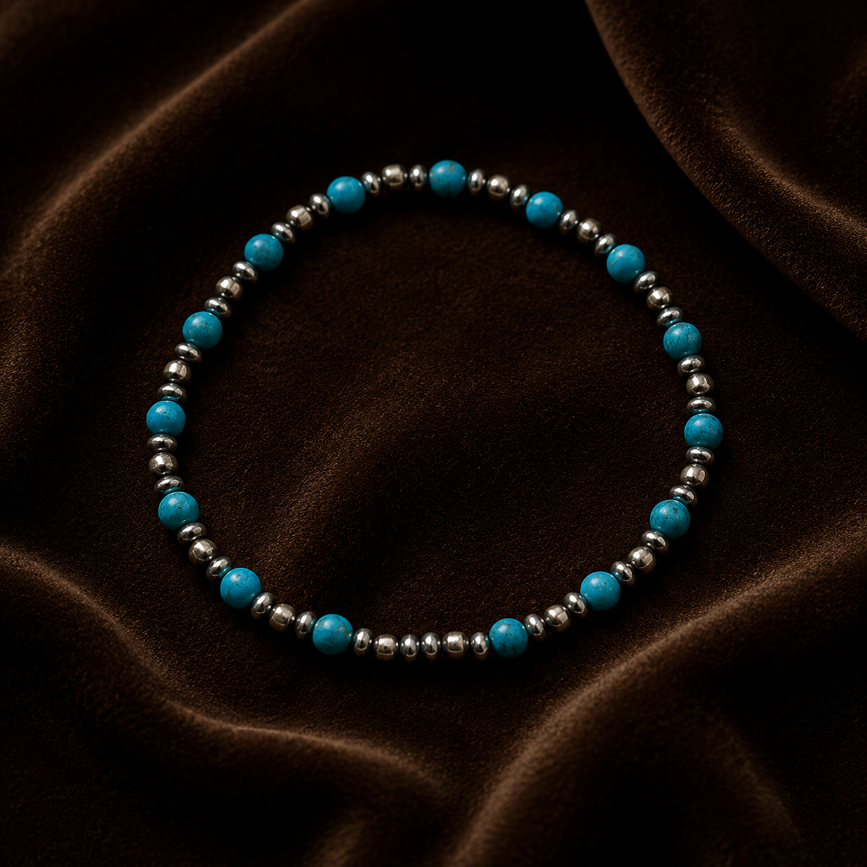 Blue Turquoise Desert Pearl 4mm Oxidized Round Bead Stretch Bracelet Sterling Silver