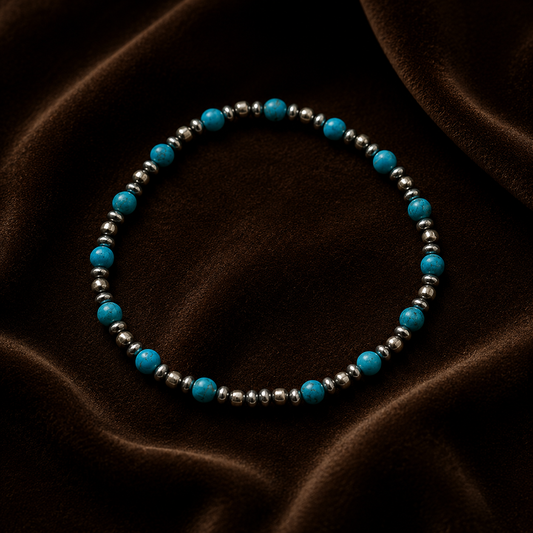 Blue Turquoise Desert Pearl 4mm Oxidized Round Bead Stretch Bracelet Sterling Silver