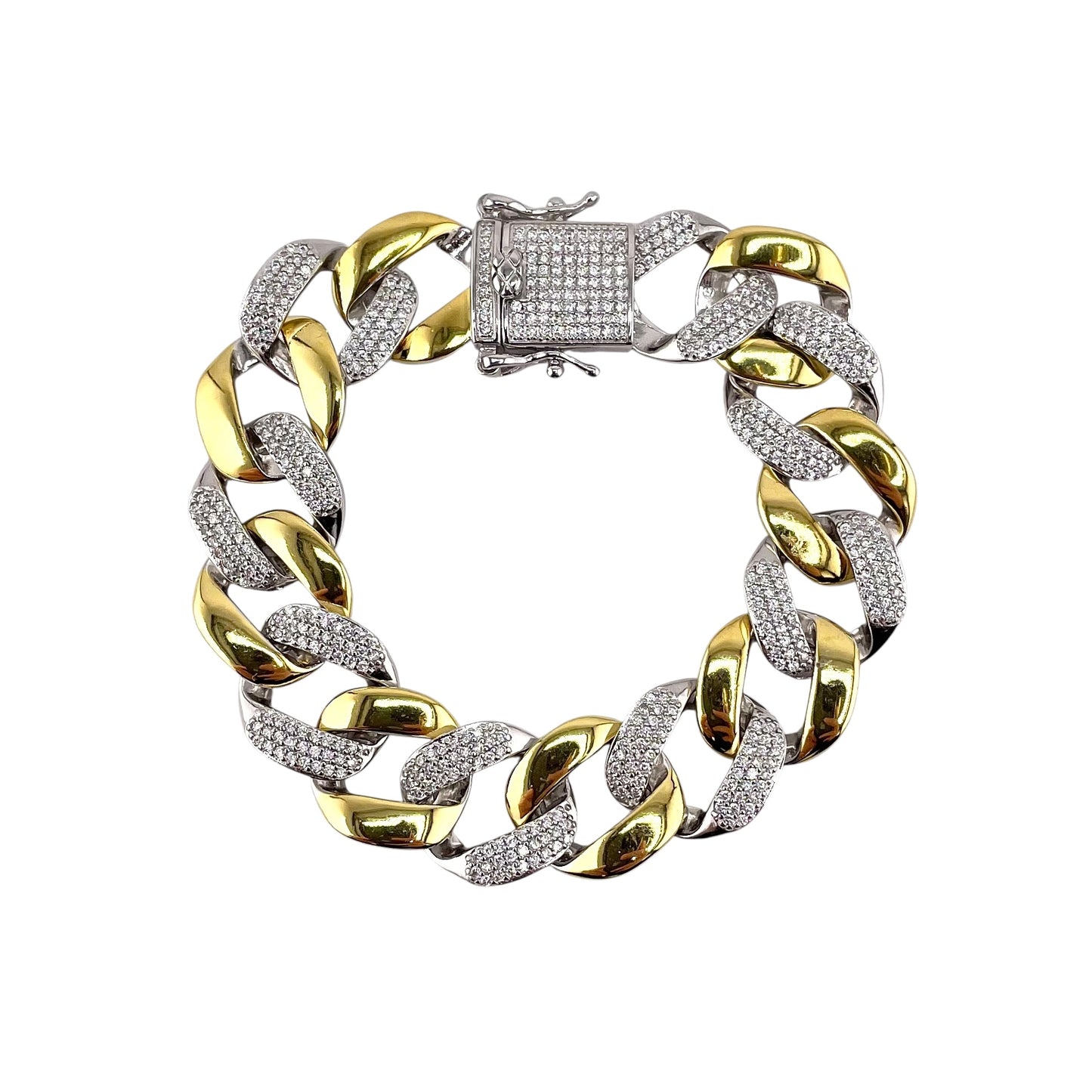 CZ Two Tone Curb Link Bracelet Sterling Silver
