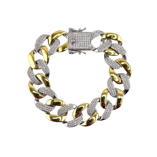 CZ Two Tone Curb Link Bracelet Sterling Silver