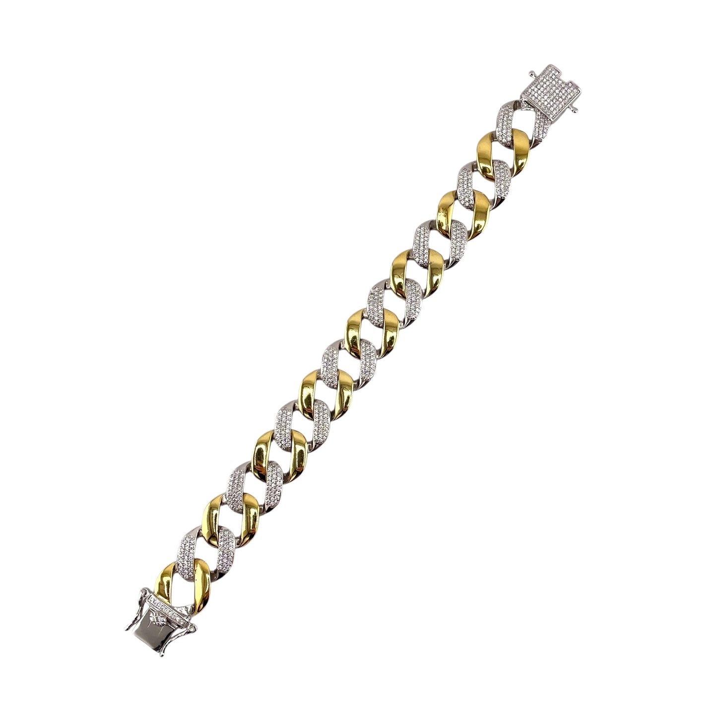 CZ Two Tone Curb Link Bracelet Sterling Silver