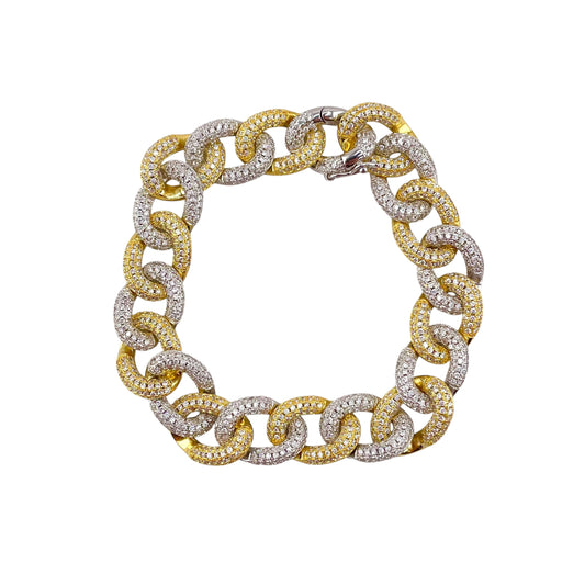CZ Two Tone Oval Link Bracelet Sterling Silver