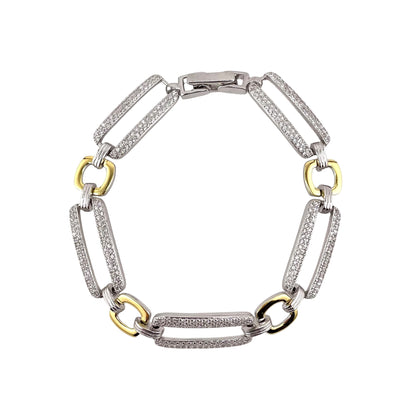 CZ Two Tone Link Bracelet Sterling Silver