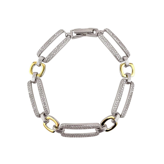 CZ Two Tone Link Bracelet Sterling Silver