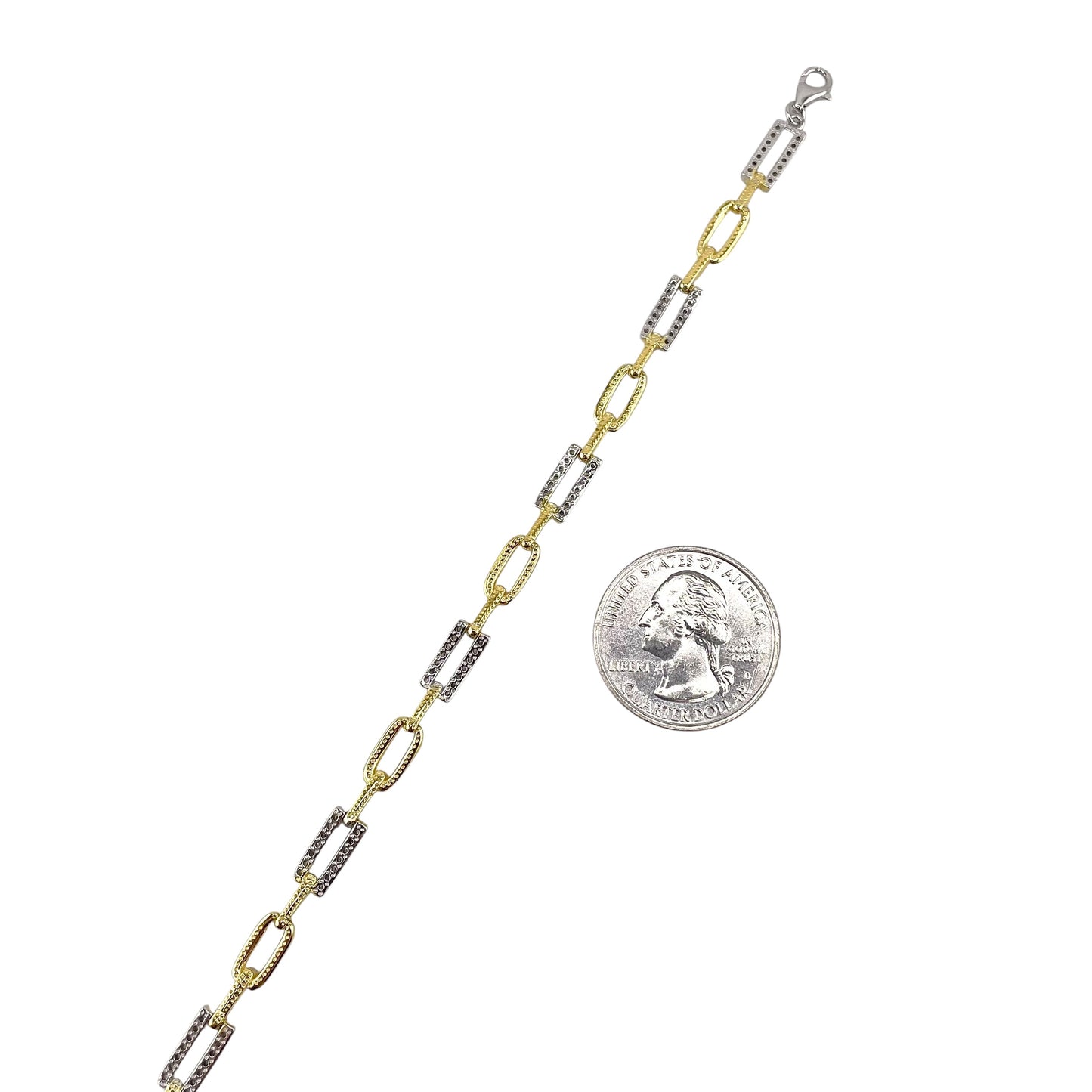 CZ Two Tone Link Bracelet Sterling Silver