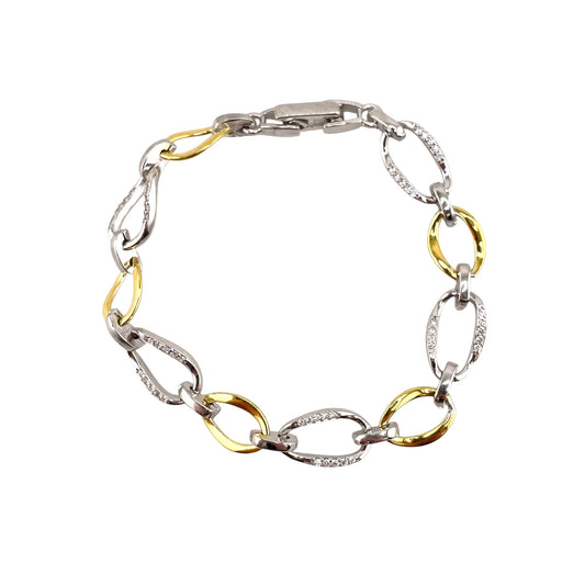 CZ Two Tone Link Bracelet Sterling Silver