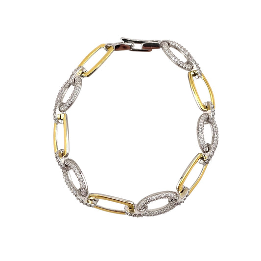 CZ Two Tone Link Bracelet Sterling Silver