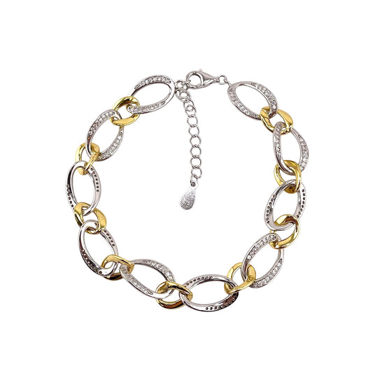 CZ Two Tone Link Bracelet Sterling Silver