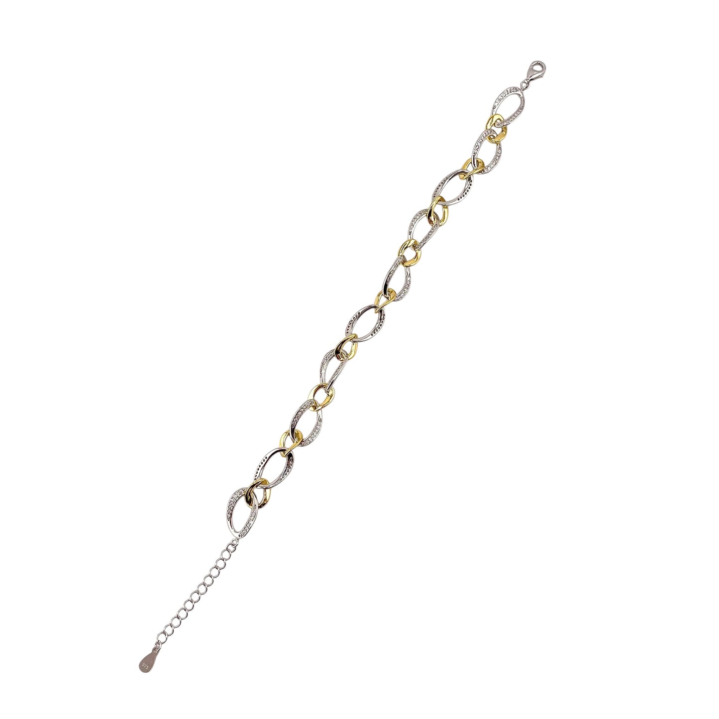 CZ Two Tone Link Bracelet Sterling Silver