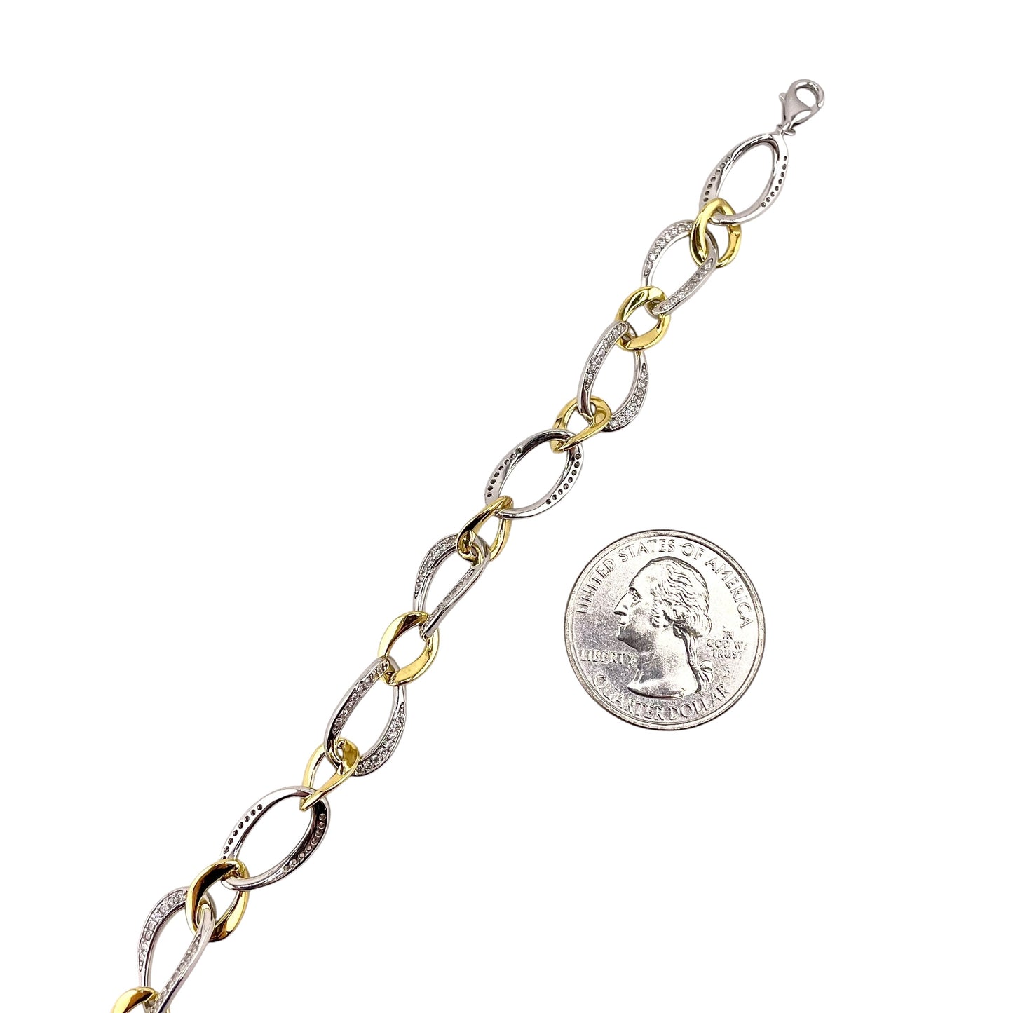 CZ Two Tone Link Bracelet Sterling Silver
